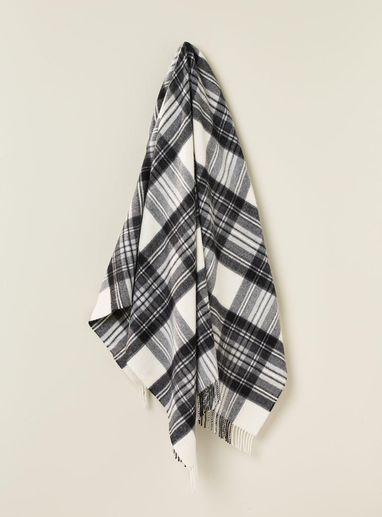 Tartan Plaid-Merino Lambswool Throw Blanket-Dress Gray Stewart Tartan. Made in England