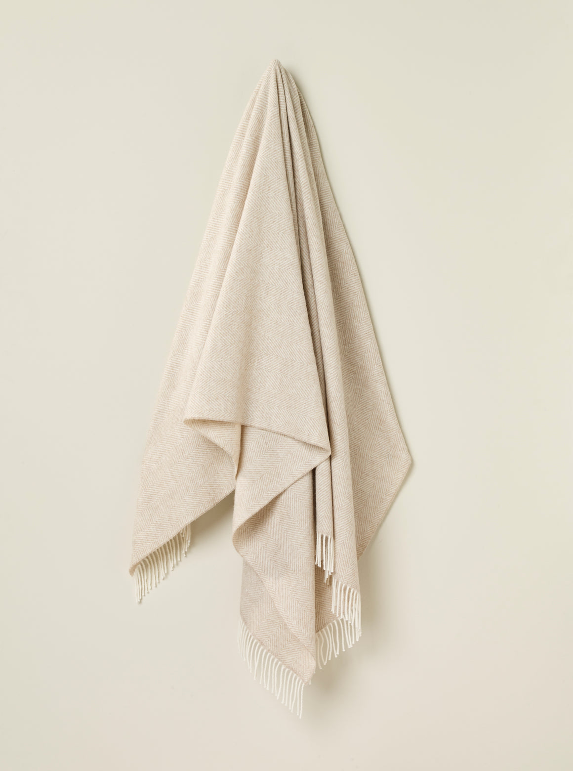 Merino Lambswool Throw Blanket - Herringbone - Beige, Made in England
