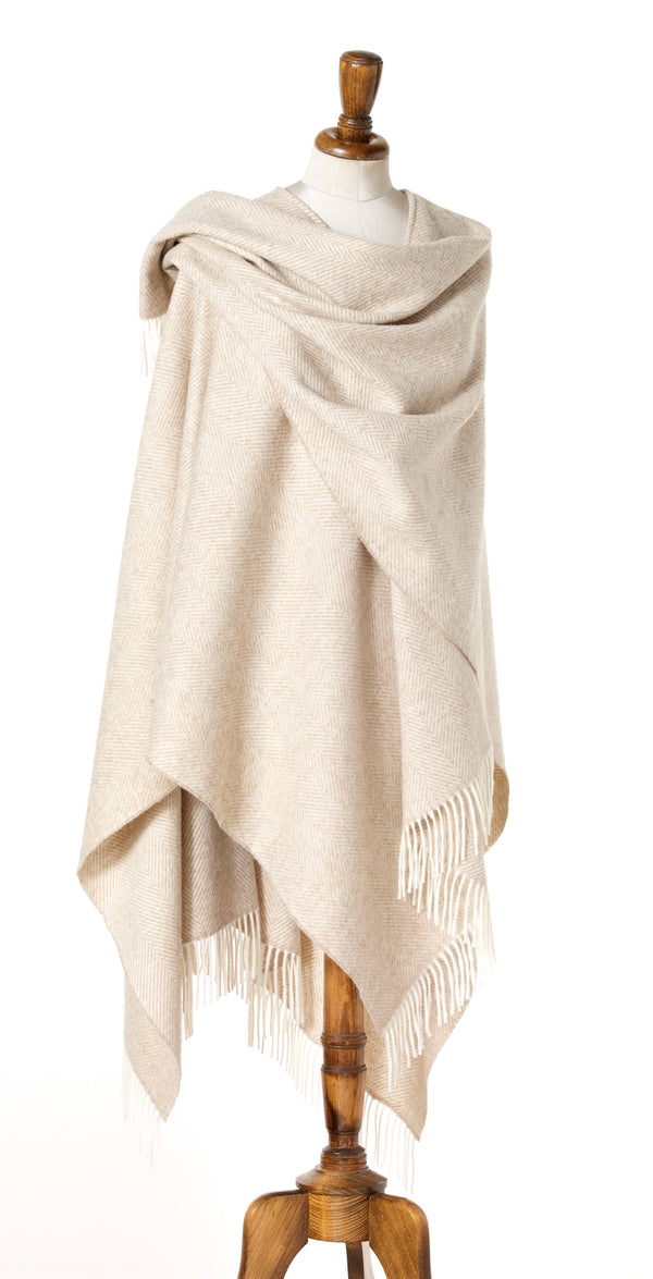 Bronte by Moon Full Size Ruana Merino Lambswool Herringbone Beige