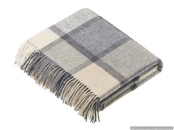Merino Lambswool Throw Blanket Block Windowpane White Gray