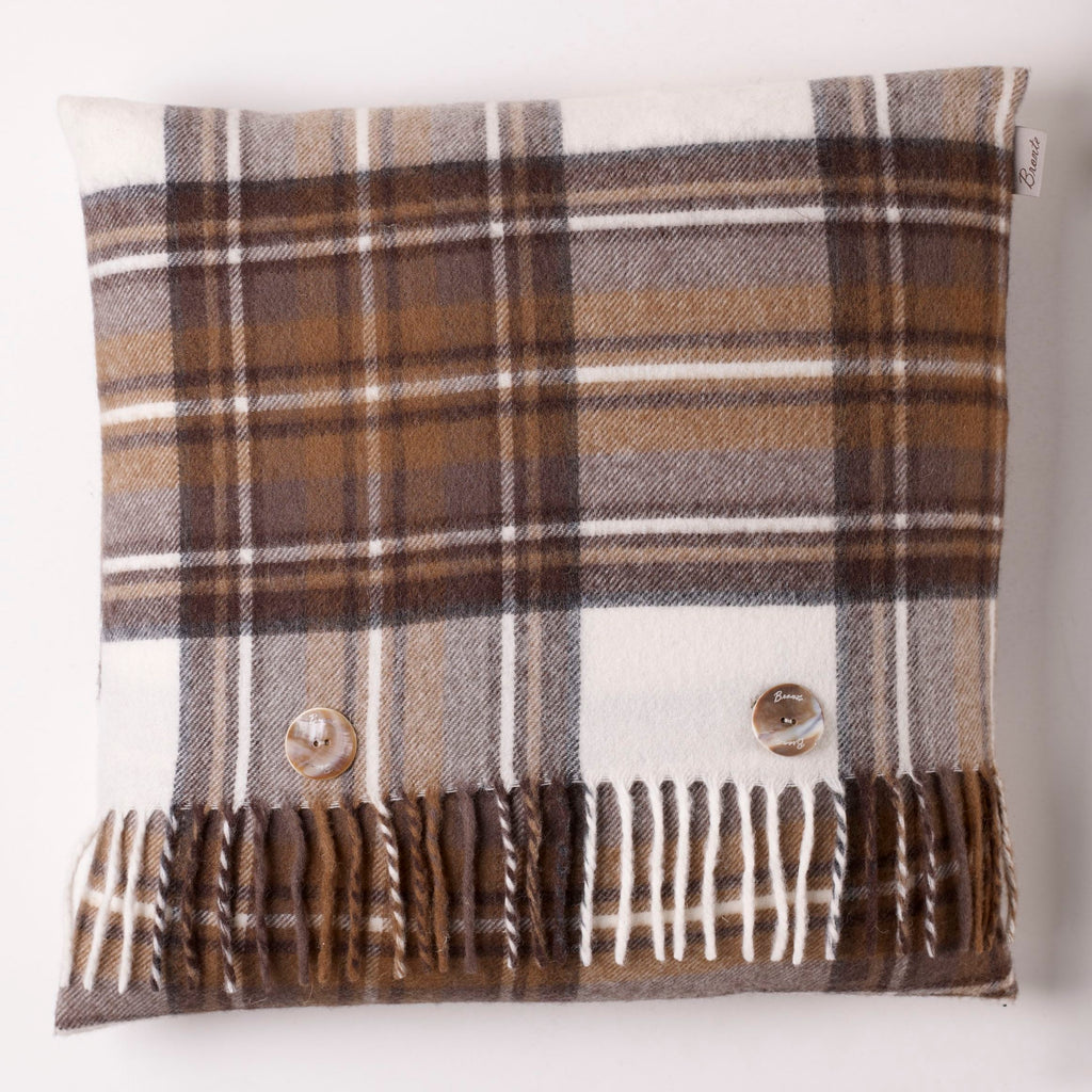 Merino Lambswool - Natutral Dress Stewart Tartan Plaid Pillow - Made in England