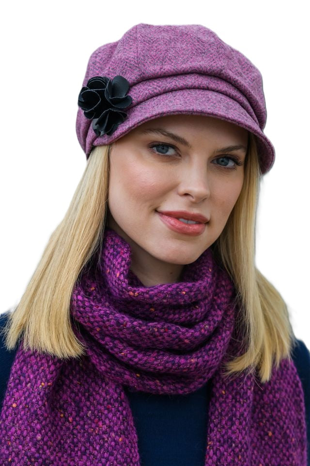 Ladies Tweed Newsboy Hat - Pink Herringbone  - Made in Ireland