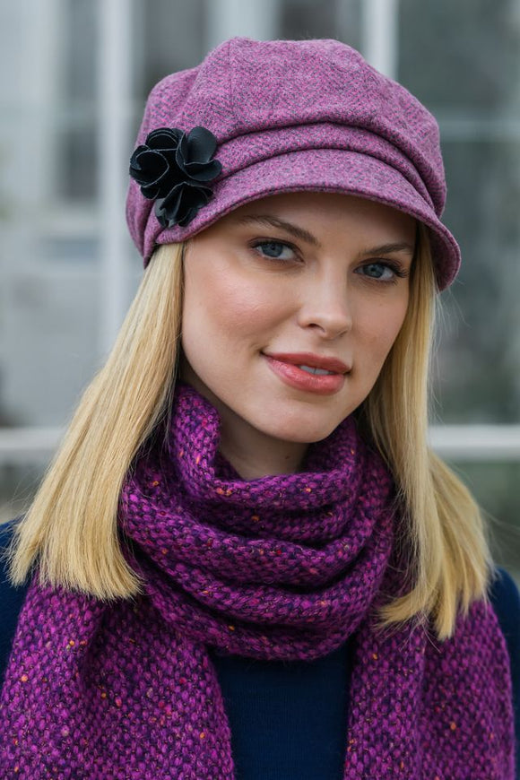 Ladies Tweed Newsboy Hat - Pink Herringbone  - Made in Ireland