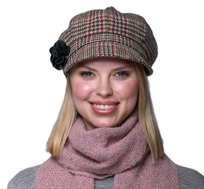 Ladies Tweed Newsboy Hat - Tan/Cranberry Plaid  - Made in Ireland
