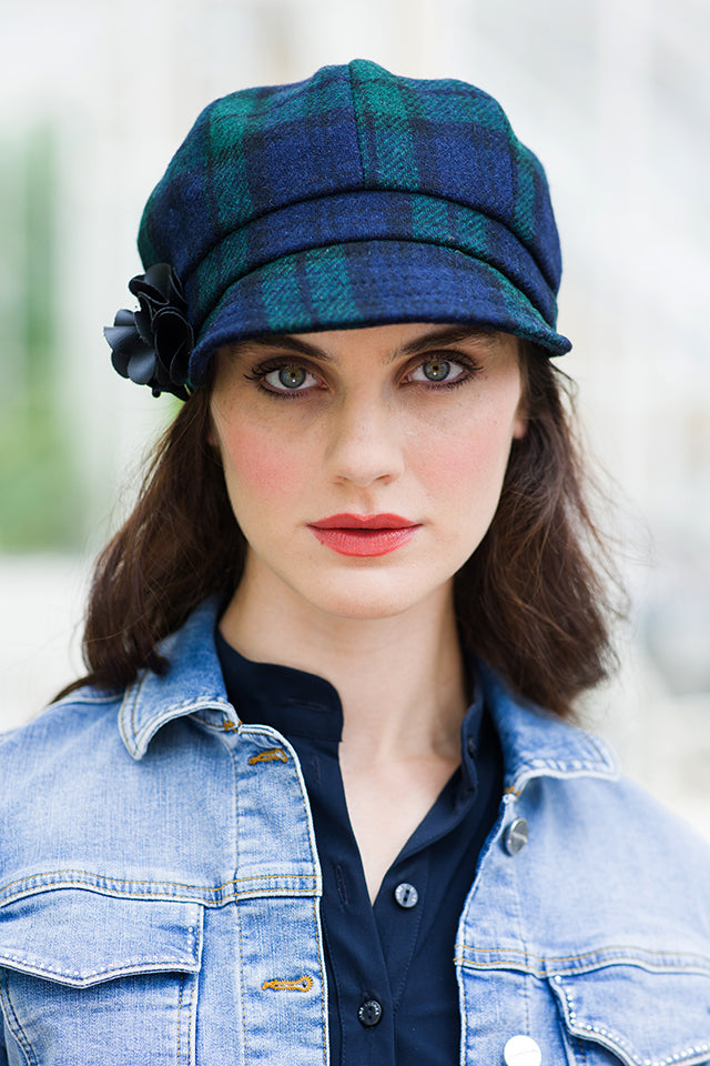 Ladies Tweed Newsboy Hat - Black Watch Plaid - Made in Ireland