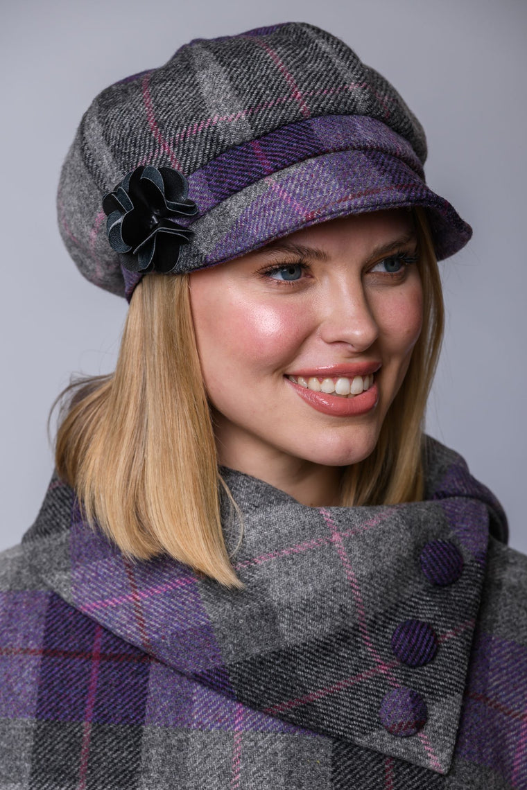 Ladies Tweed Newsboy Hat - Grey/Purple Plaid - Made in Ireland