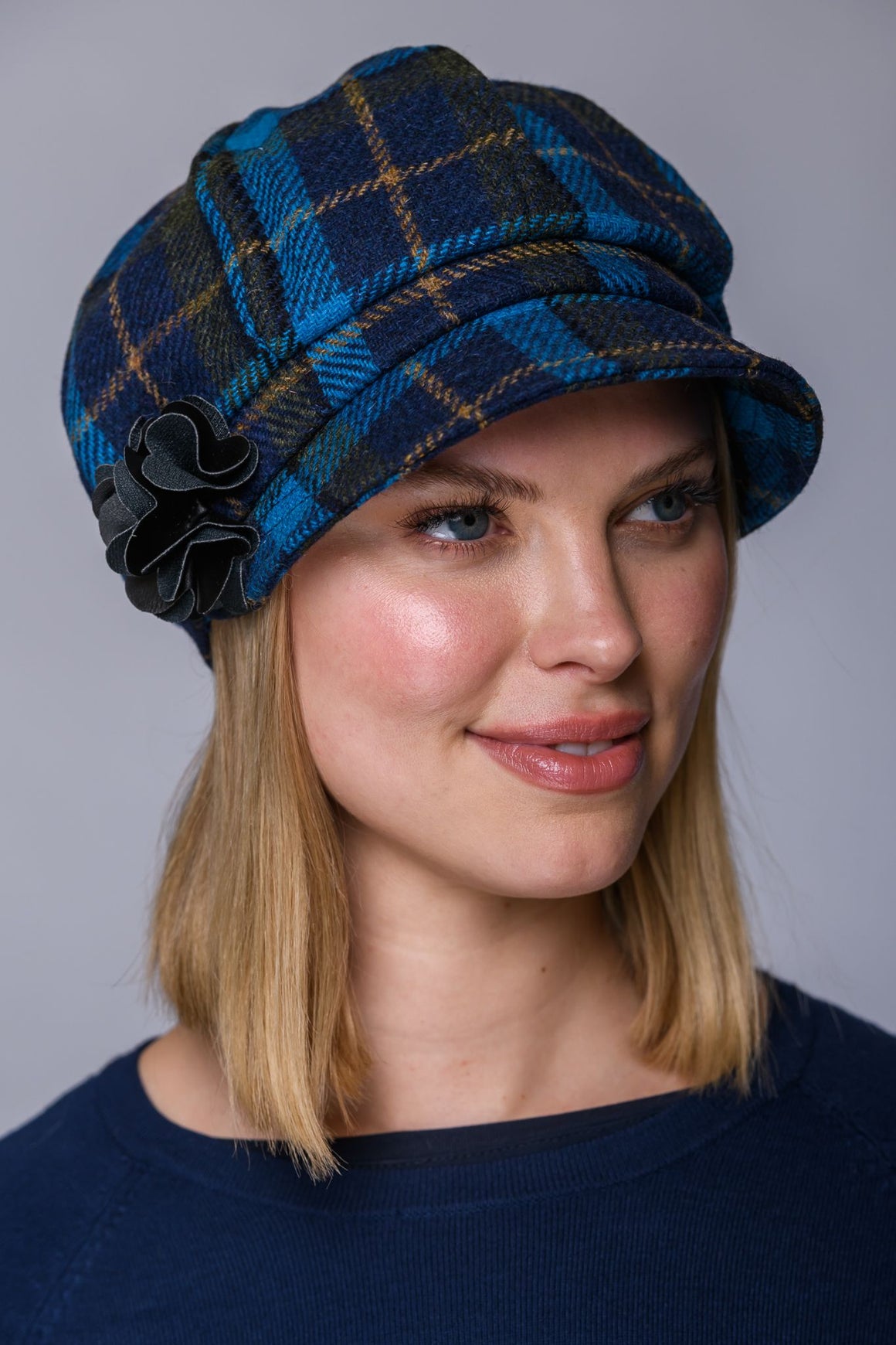 Ladies Tweed Newsboy Hat - Dark Blue Plaid - Made in Ireland
