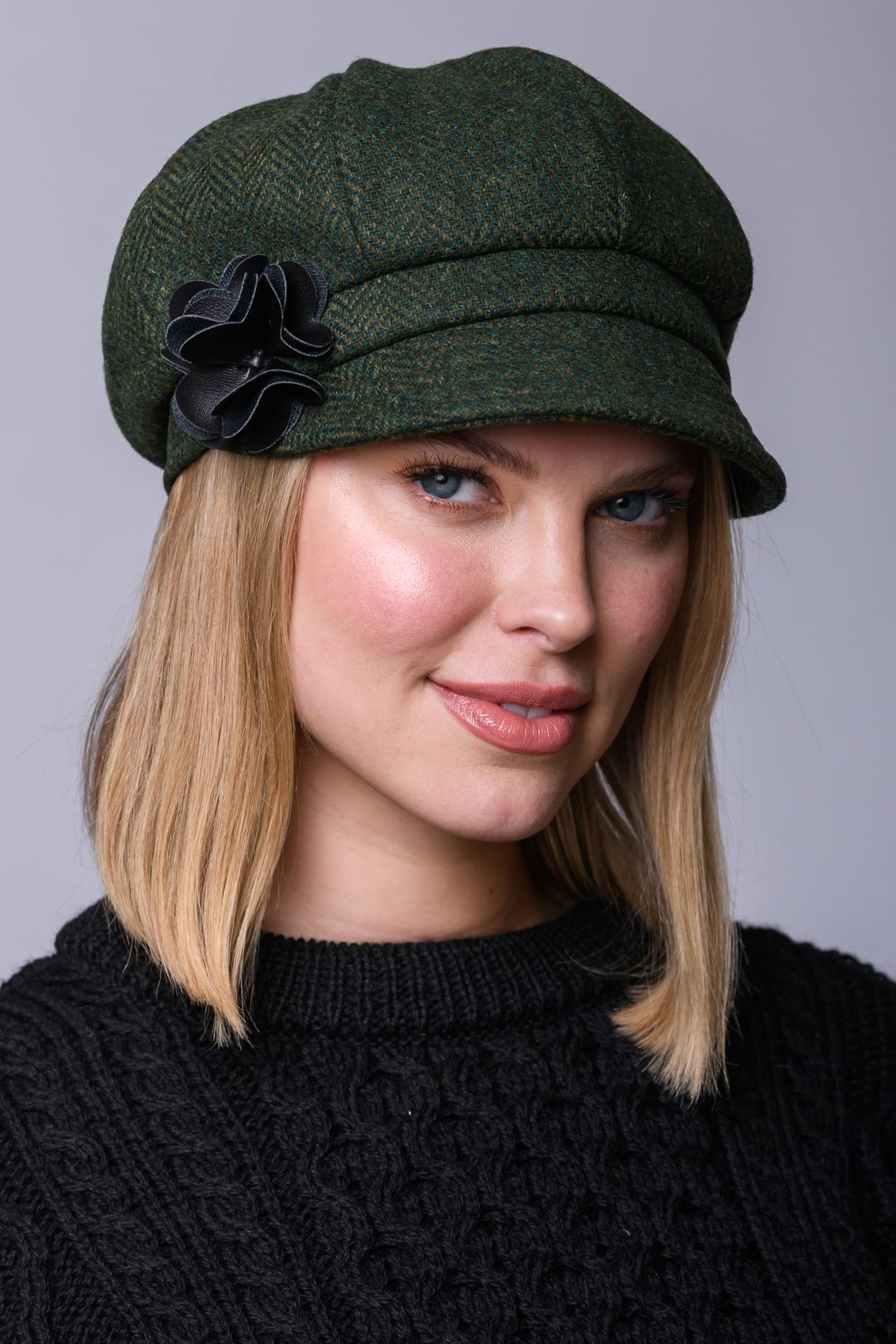 Ladies Tweed Newsboy Hat - Green Herringbone - Made in Ireland