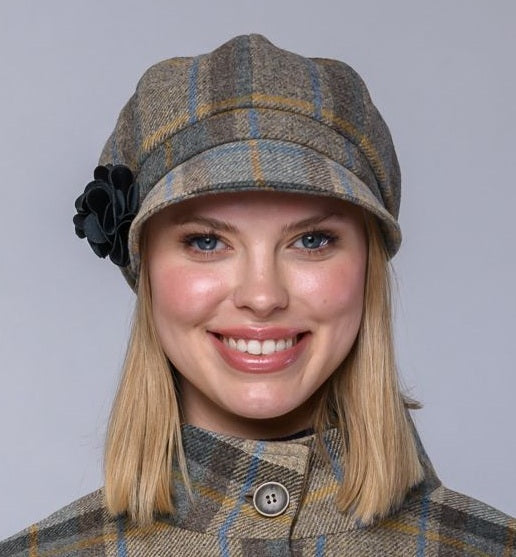 Ladies Tweed Newsboy Hat - Beige Plaid  - Made in Ireland