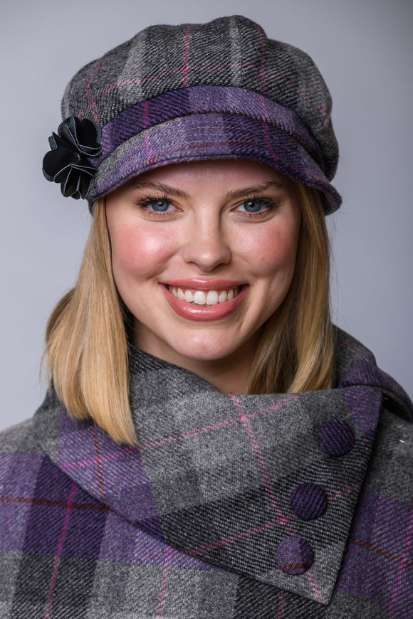 Ladies Tweed Newsboy Hat - Grey/Purple Plaid - Made in Ireland