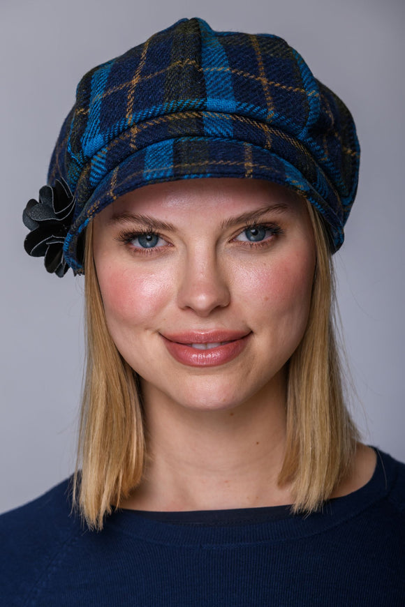 Ladies Tweed Newsboy Hat - Dark Blue Plaid - Made in Ireland