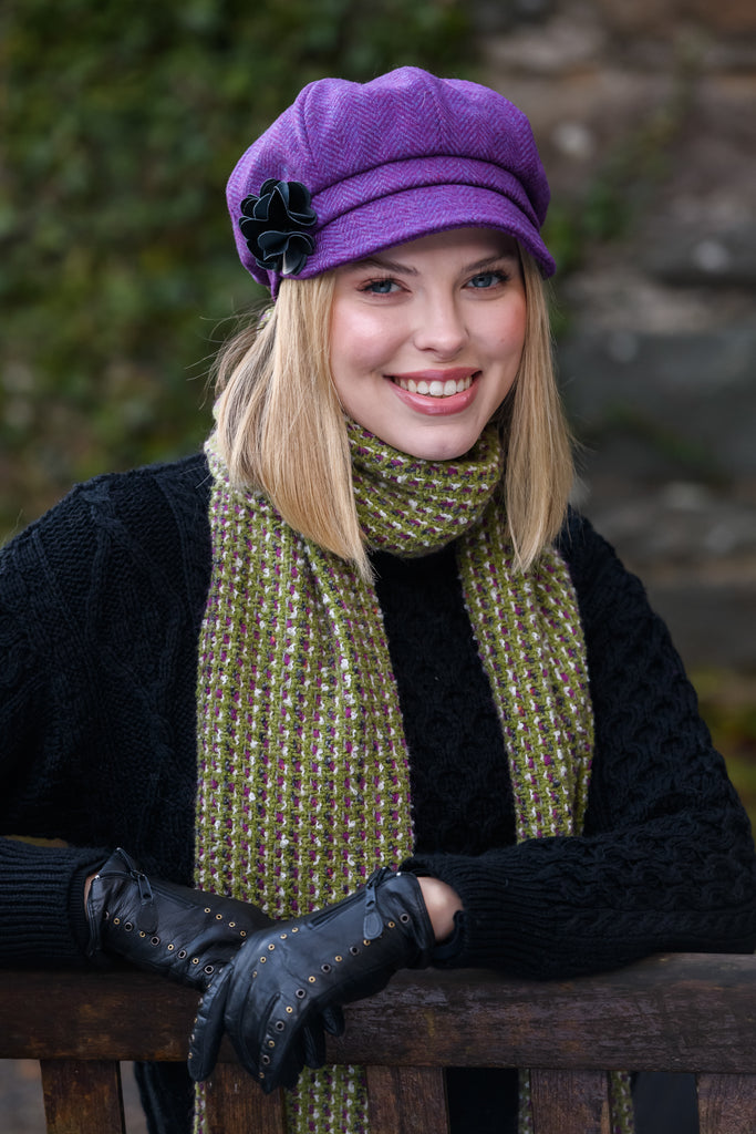 Ladies Tweed Newsboy Hat - Purple Herringbone  - Made in Ireland