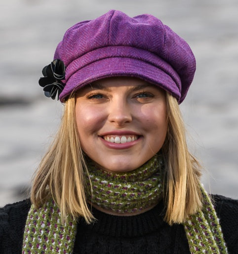 Ladies Tweed Newsboy Hat - Purple Herringbone  - Made in Ireland