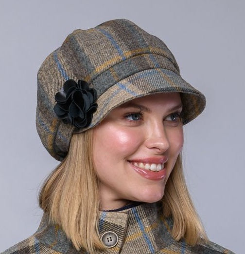 Ladies Tweed Newsboy Hat - Beige Plaid  - Made in Ireland