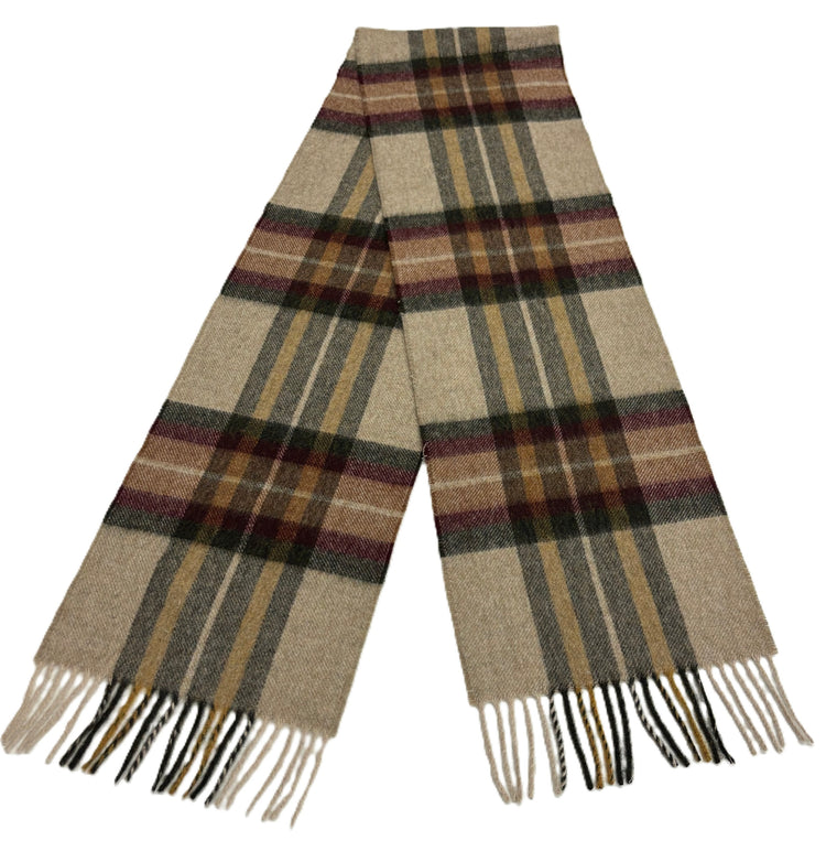 Ripon Olive Wool Scarf, Merino Lambswool, Beige Plaid Scarf, Made in England