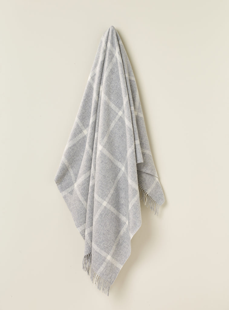 Merino Lambswool Throw Blanket - Windowpane - Gray, Made in England