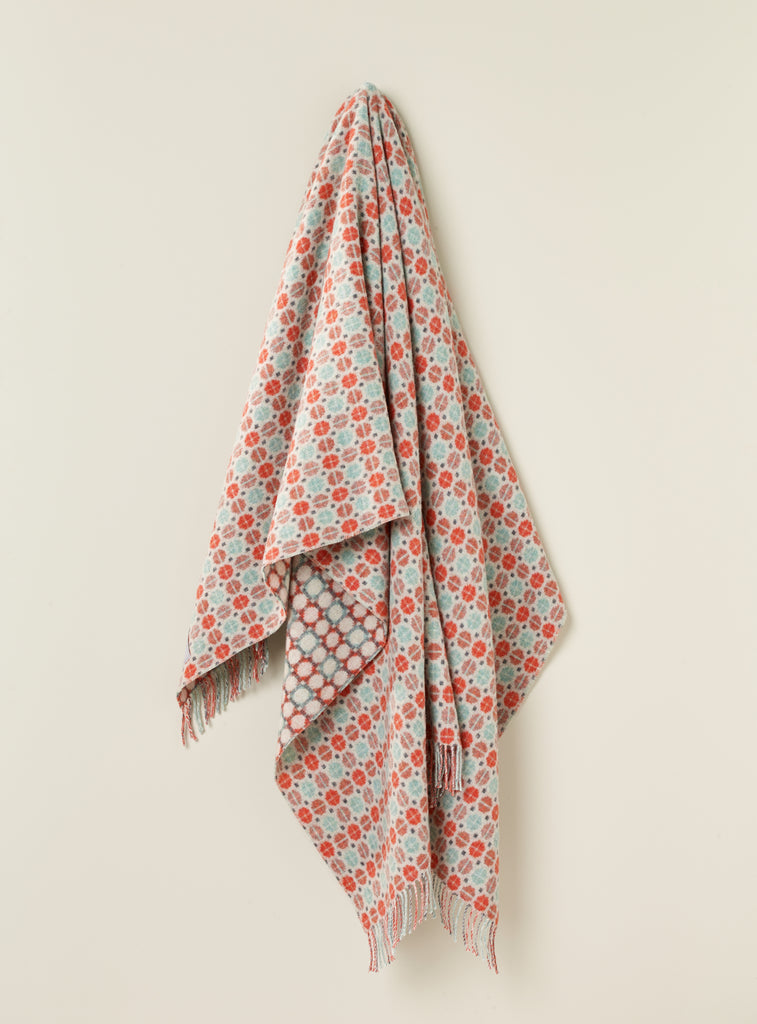 Merino Lambswool Throw Blanket - Milan - Coral/Mint, Made in England