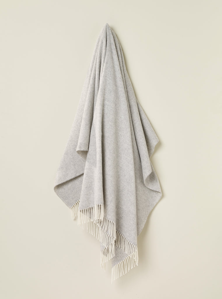 Merino Lambswool Throw Blanket - Herringbone - Gray, Made in England