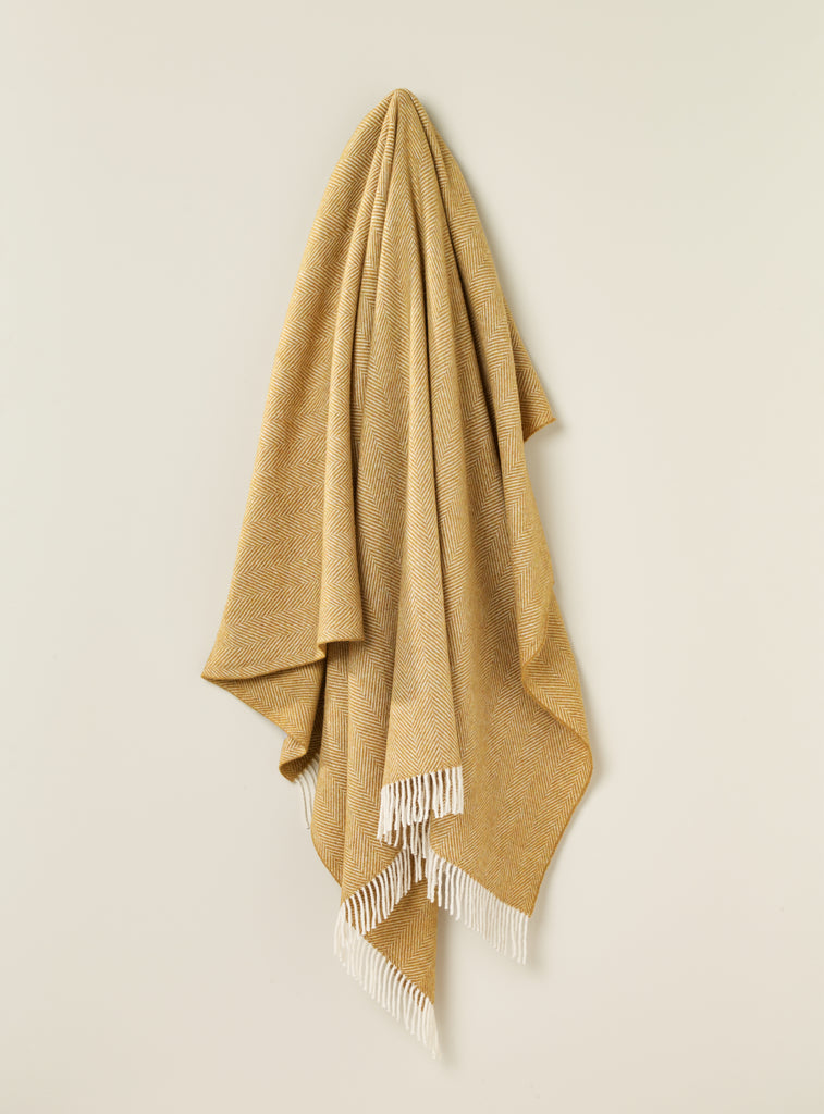 Merino Lambswool Throw Blanket - Herringbone - Gold, Made in England