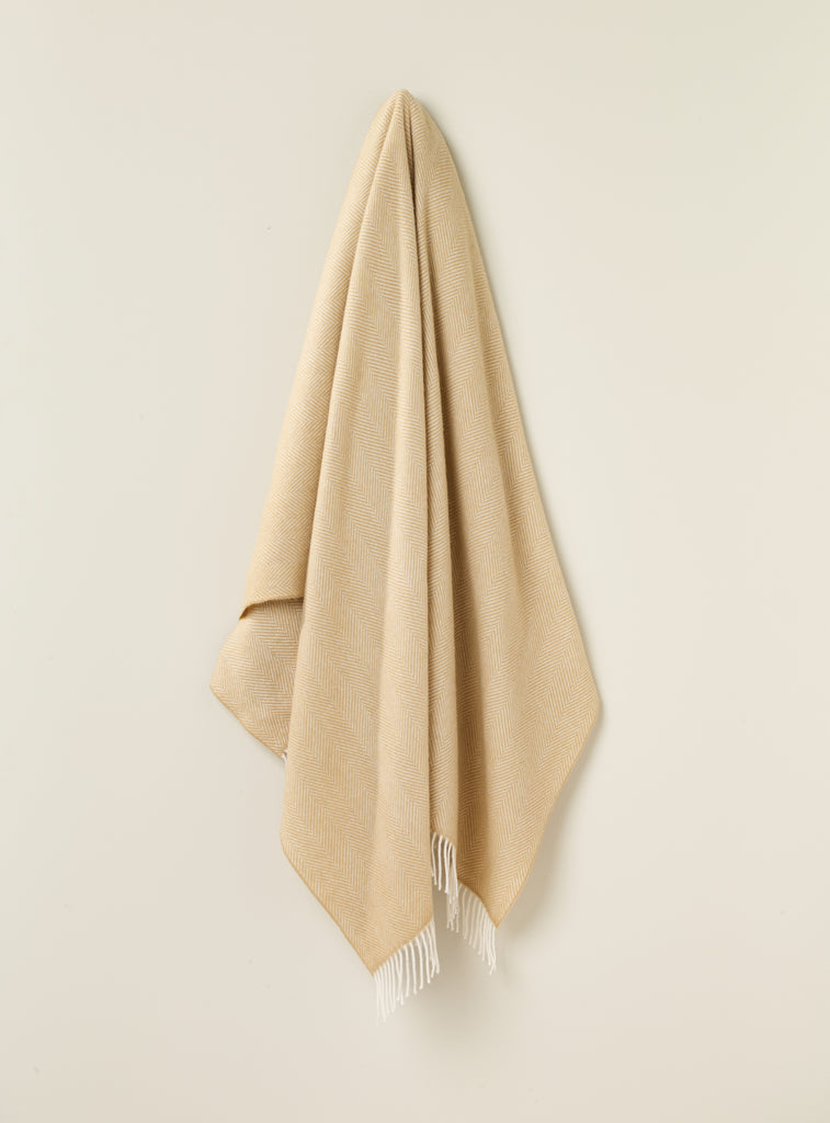 Merino Lambswool Throw Blanket - Herringbone - Natural, Made in England