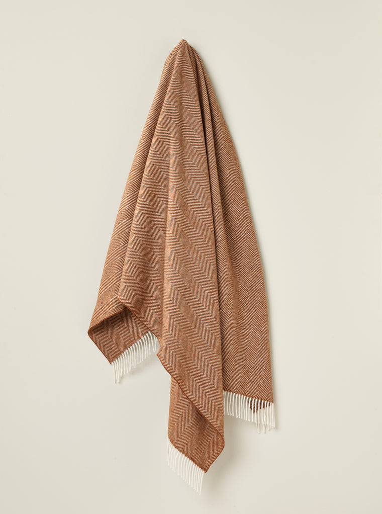 Merino Lambswool Throw Blanket - Herringbone - Rust, Made in England