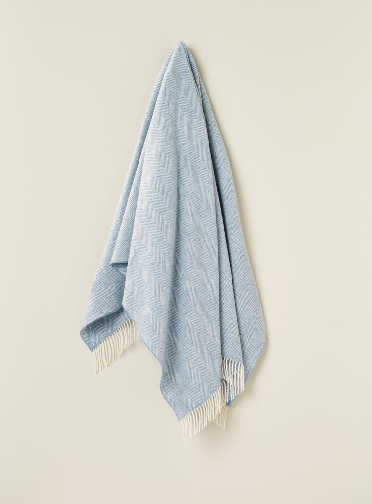 Merino Lambswool Throw Blanket - Herringbone - Aqua, Made in England