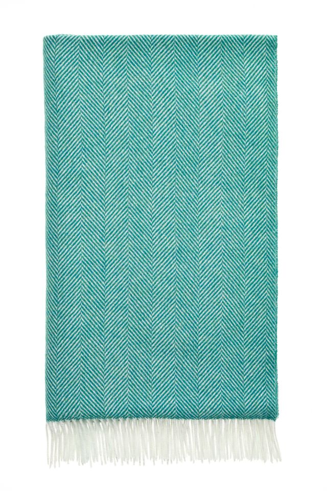 Merino Lambswool Throw Blanket - Herringbone - Jade, Made in England