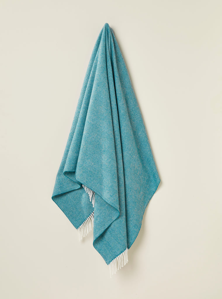 Merino Lambswool Throw Blanket - Herringbone - Jade, Made in England