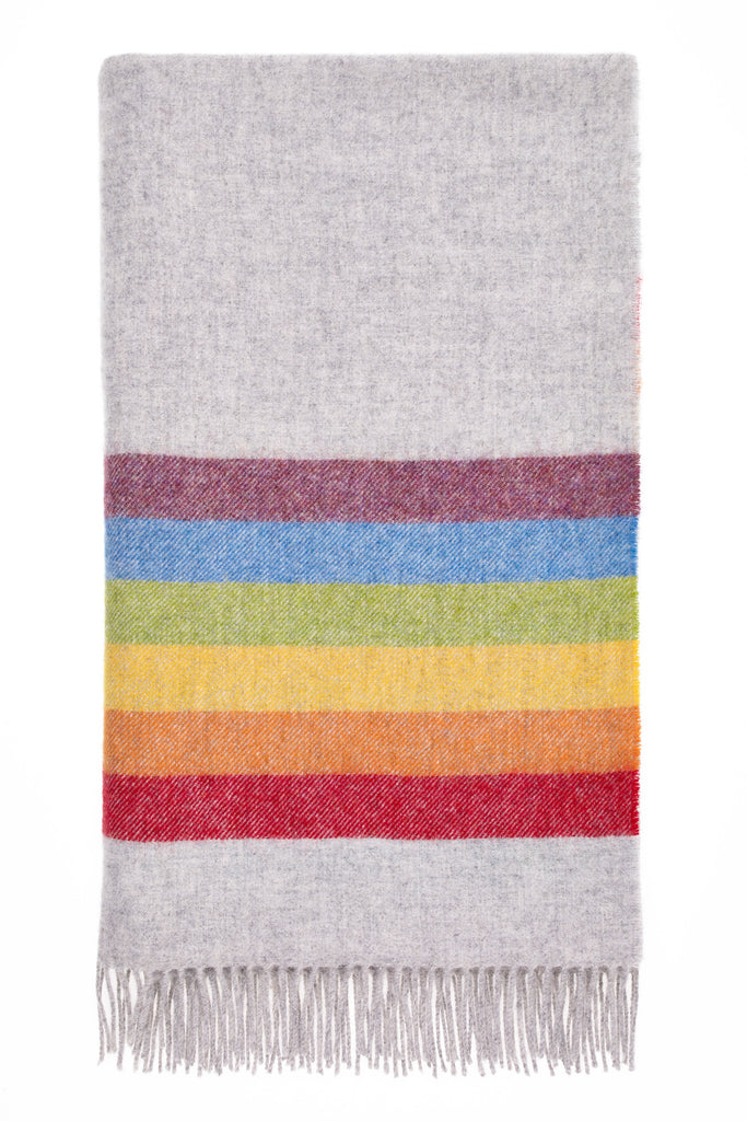 LGBTQ Pride Blanket, Gray with Rainbow Stripes, Wool Throw Blanket, Made in England