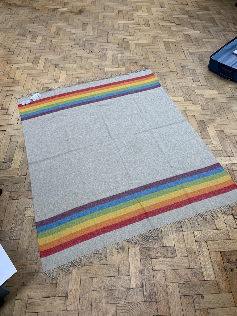 LGBTQ Pride Blanket, Gray with Rainbow Stripes, Wool Throw Blanket, Made in England