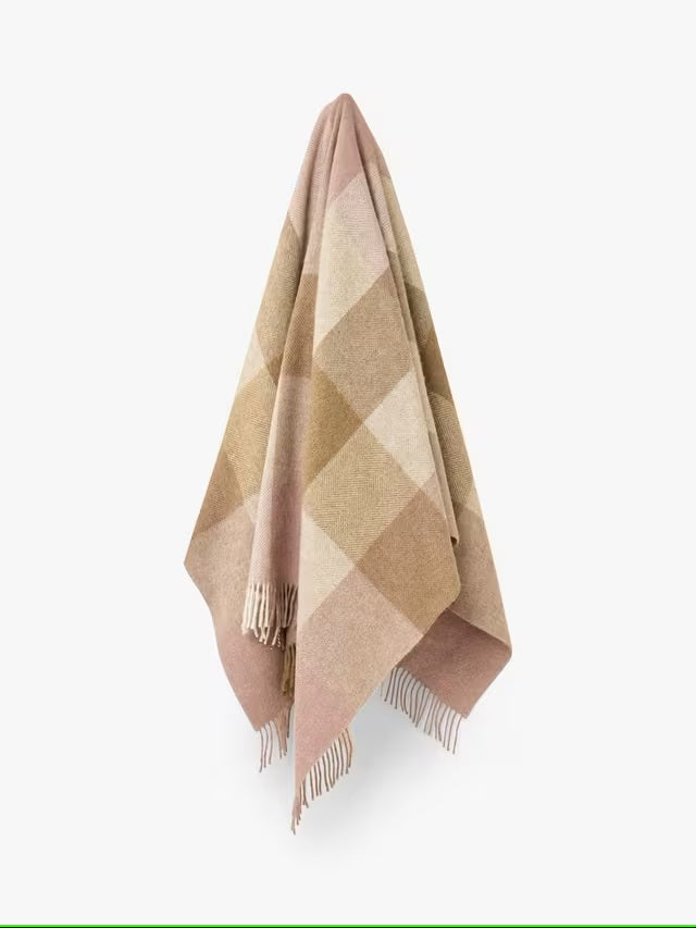 Block Check - Pink/Camel - Shetland Quality Throw/Picnic Blanket - Made in England