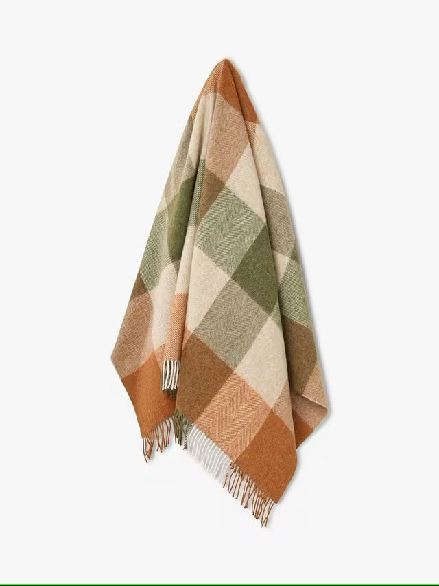 Block Check - Terracotta/Green - Shetland Quality Throw/Picnic Blanket - Made in England