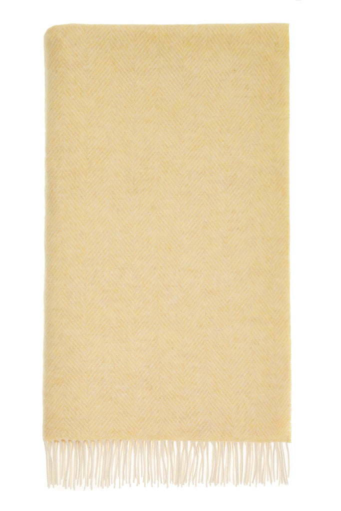 Merino Lambswool Throw Blanket - Herringbone - Buttercup, Made in England
