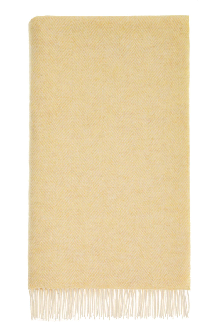 Merino Lambswool Throw Blanket - Herringbone - Buttercup, Made in England