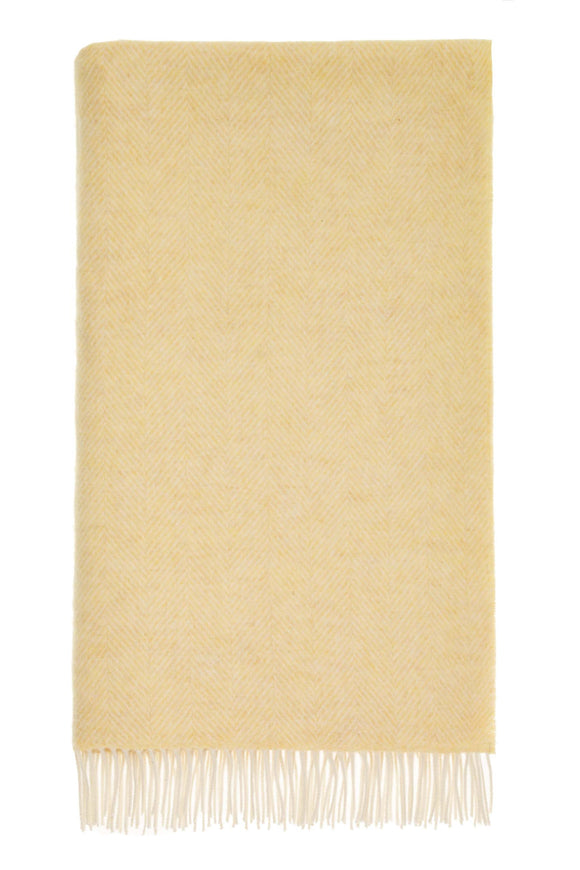 Merino Lambswool Throw Blanket - Herringbone - Buttercup, Made in England