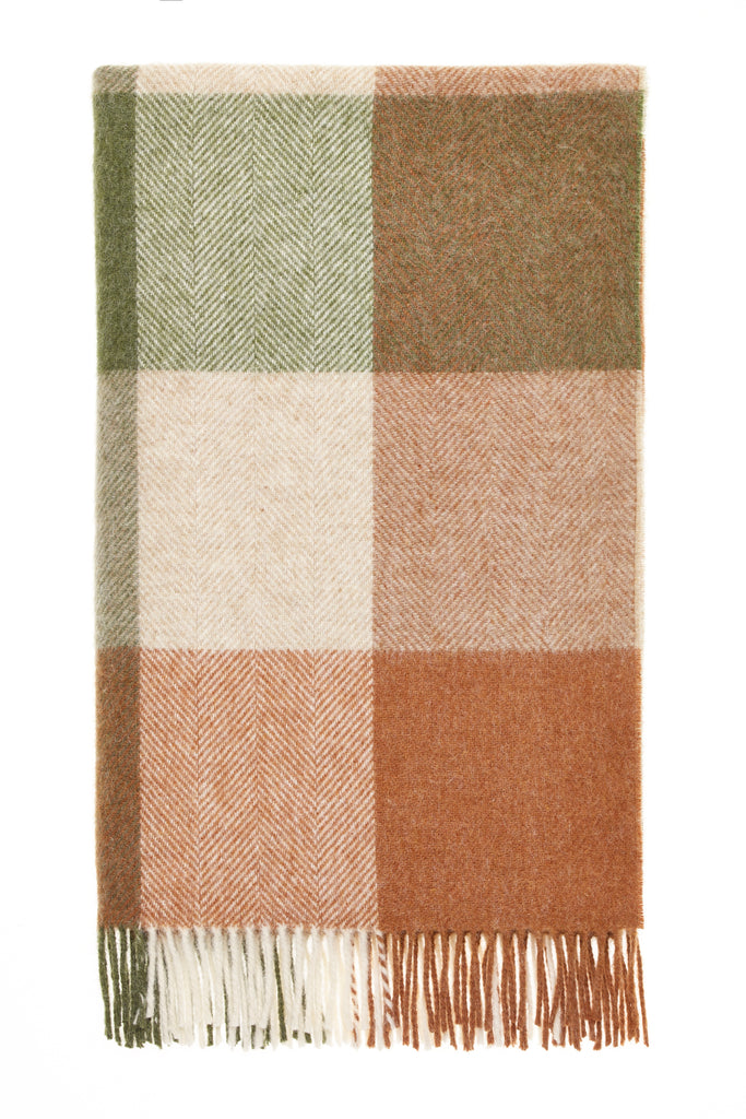 Block Check - Terracotta/Green - Shetland Quality Throw/Picnic Blanket - Made in England