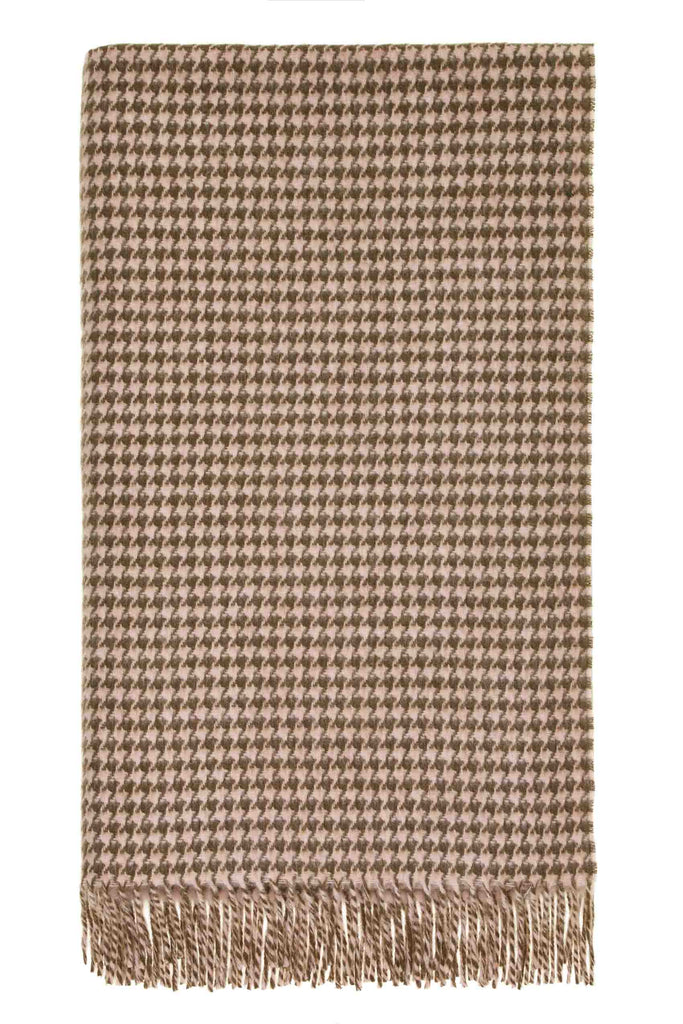Houndstooth-Khaki/Blush-Merino Lambswool Throw-Made in England