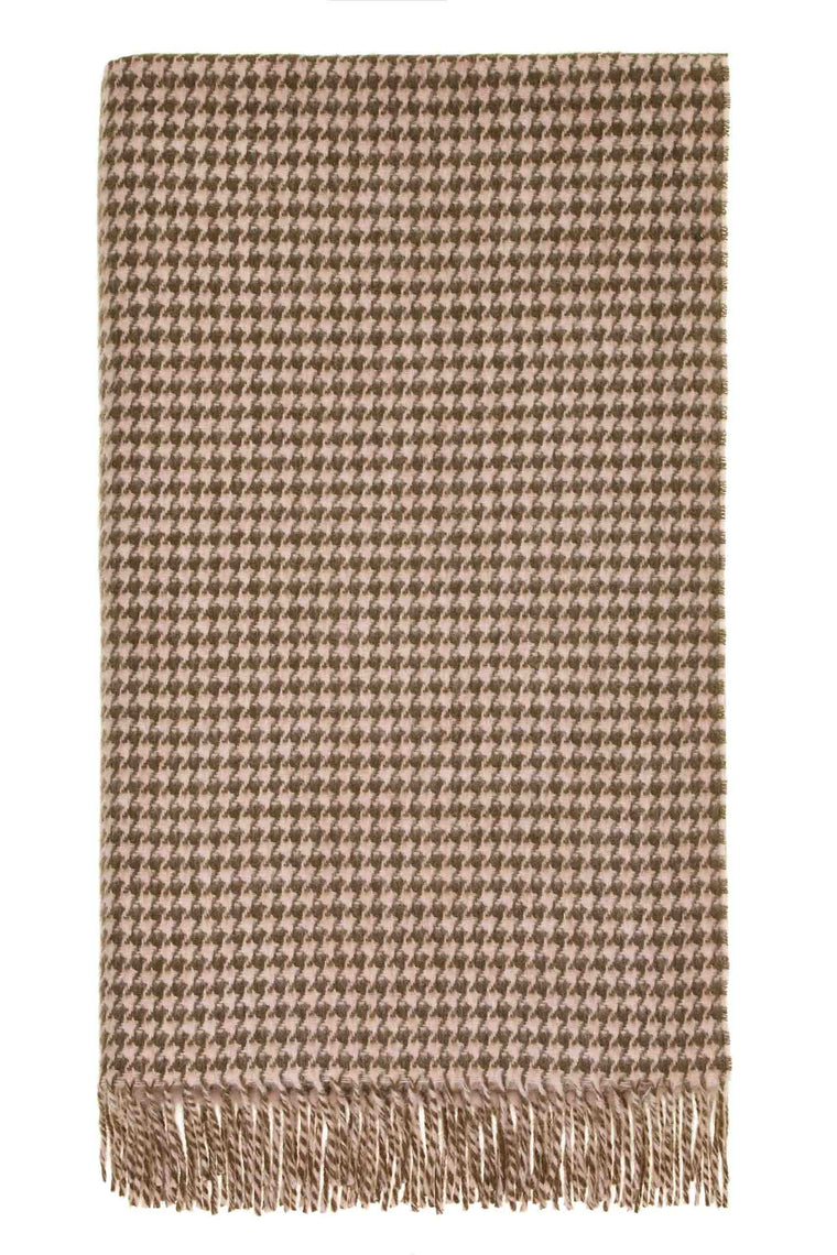 Houndstooth-Khaki/Blush-Merino Lambswool Throw-Made in England