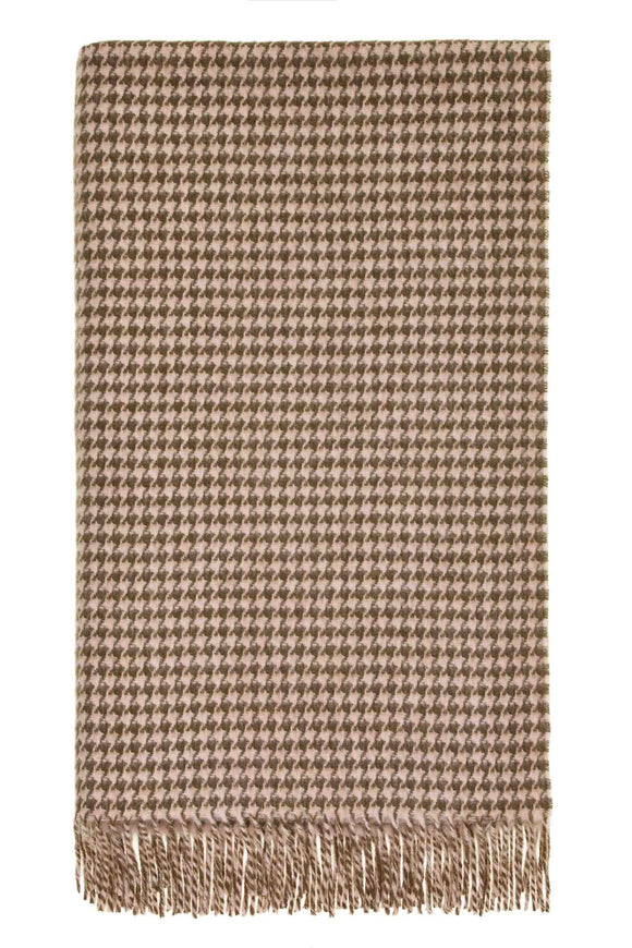 Houndstooth-Khaki/Blush-Merino Lambswool Throw-Made in England