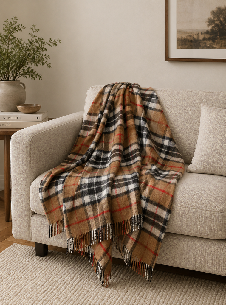 Tartan Plaid- Merino Lambswool Throw Blanket-  Camel Stewart Tartan- Made in England