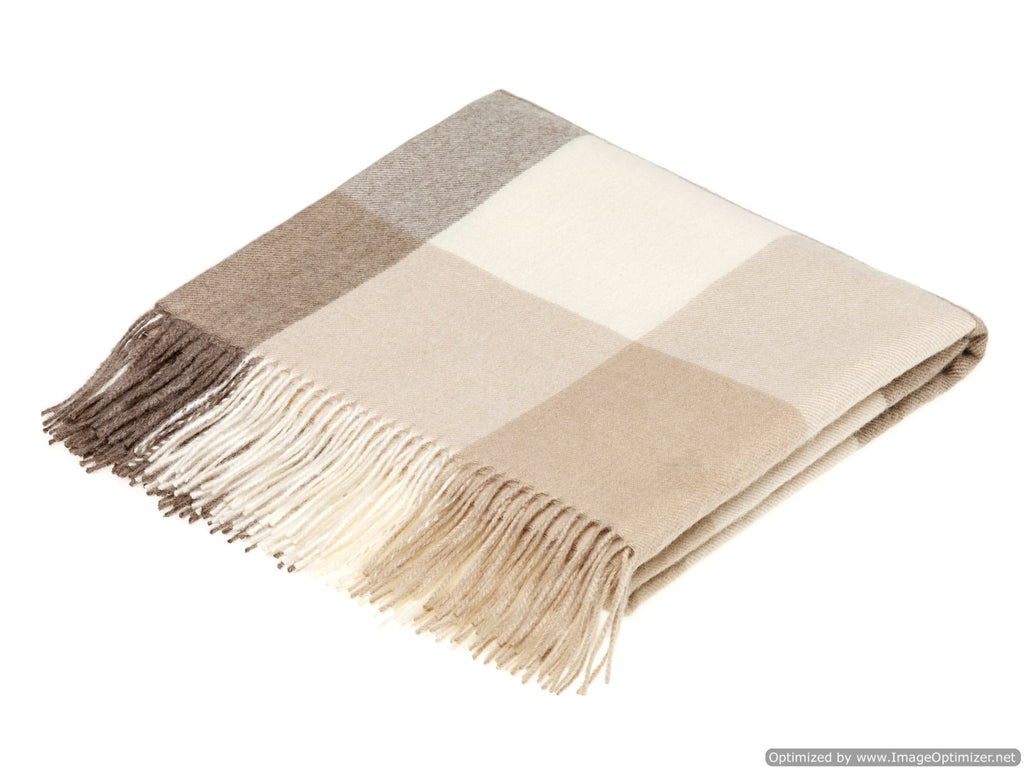 camel and off white check wrap or shawl in alpaca, bronte moon