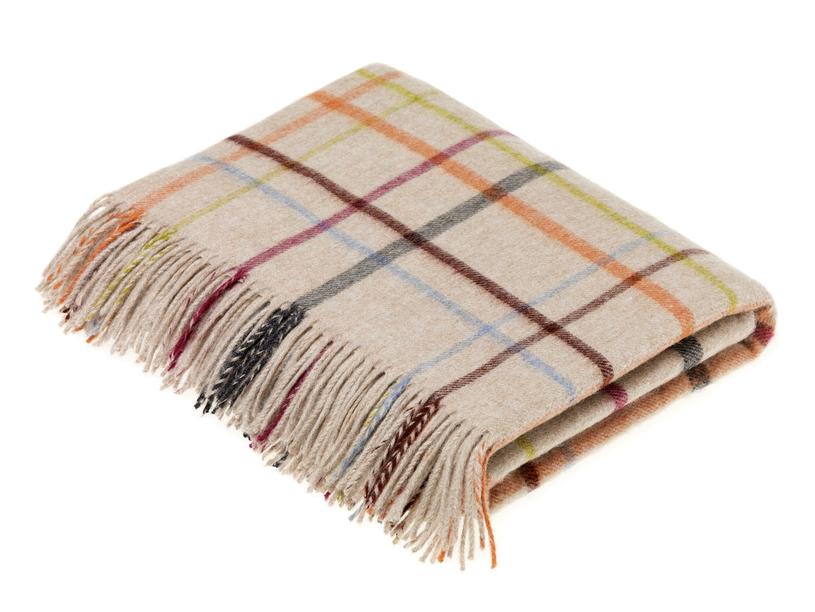 Merino Lambswool - VAR Windowpane Rainbow Throw Beige Multi, Made in England