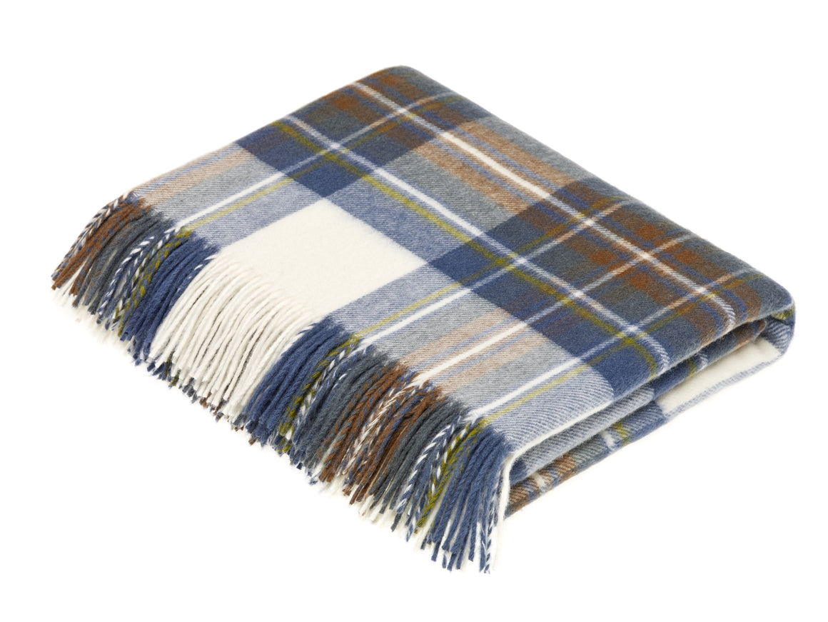 Tartan Plaid-Merino Lambswool Throw Blanket-Muted Blue Stewart Tartan-Made in England