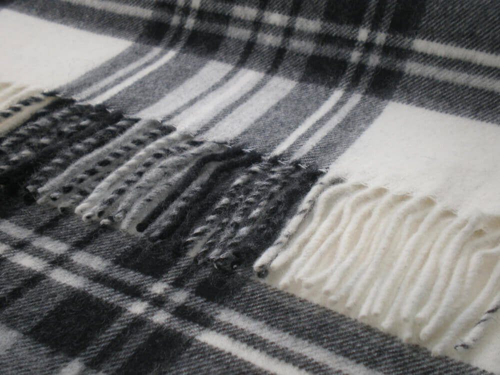 Tartan Plaid-Merino Lambswool Throw Blanket-Dress Gray Stewart Tartan. Made in England