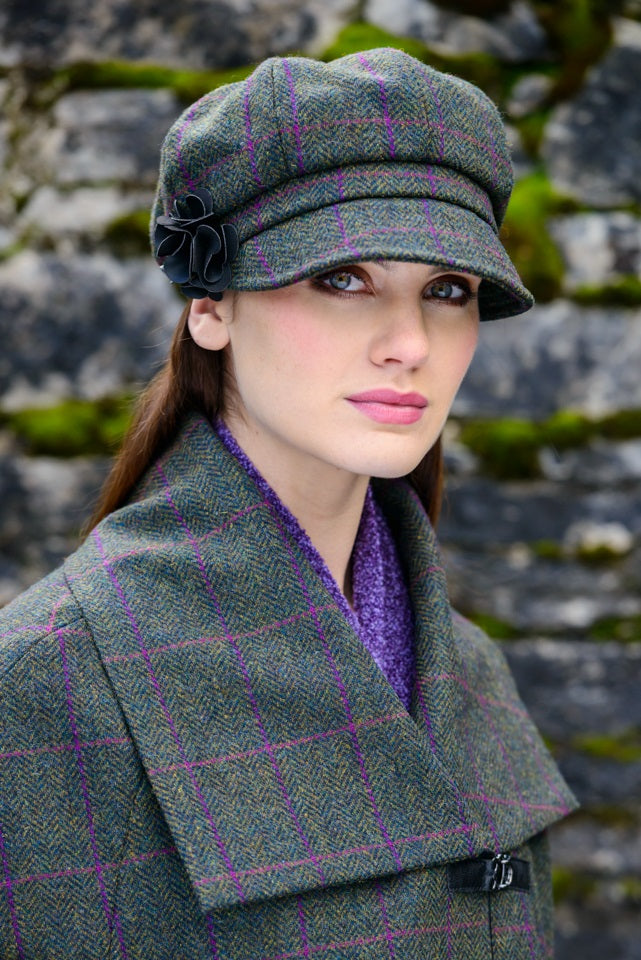 Ladies Tweed Newsboy Hat - Green Herringbone / Purple Stripe - Made in Ireland