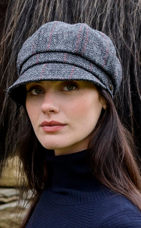 Ladies Tweed Newsboy Hat - Gray Herringbone - Made in Ireland