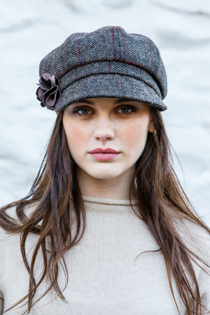 Ladies Tweed Newsboy Hat - Brown Herringbone / Purple Stripe - Made in Ireland