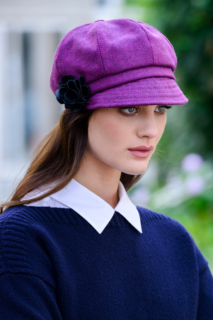 Ladies Tweed Newsboy Hat - Pink Herringbone - Made in Ireland