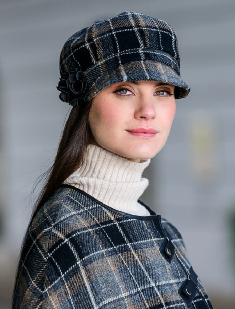 Ladies Tweed Newsboy Hat - Grey & Black Plaid - Made in Ireland