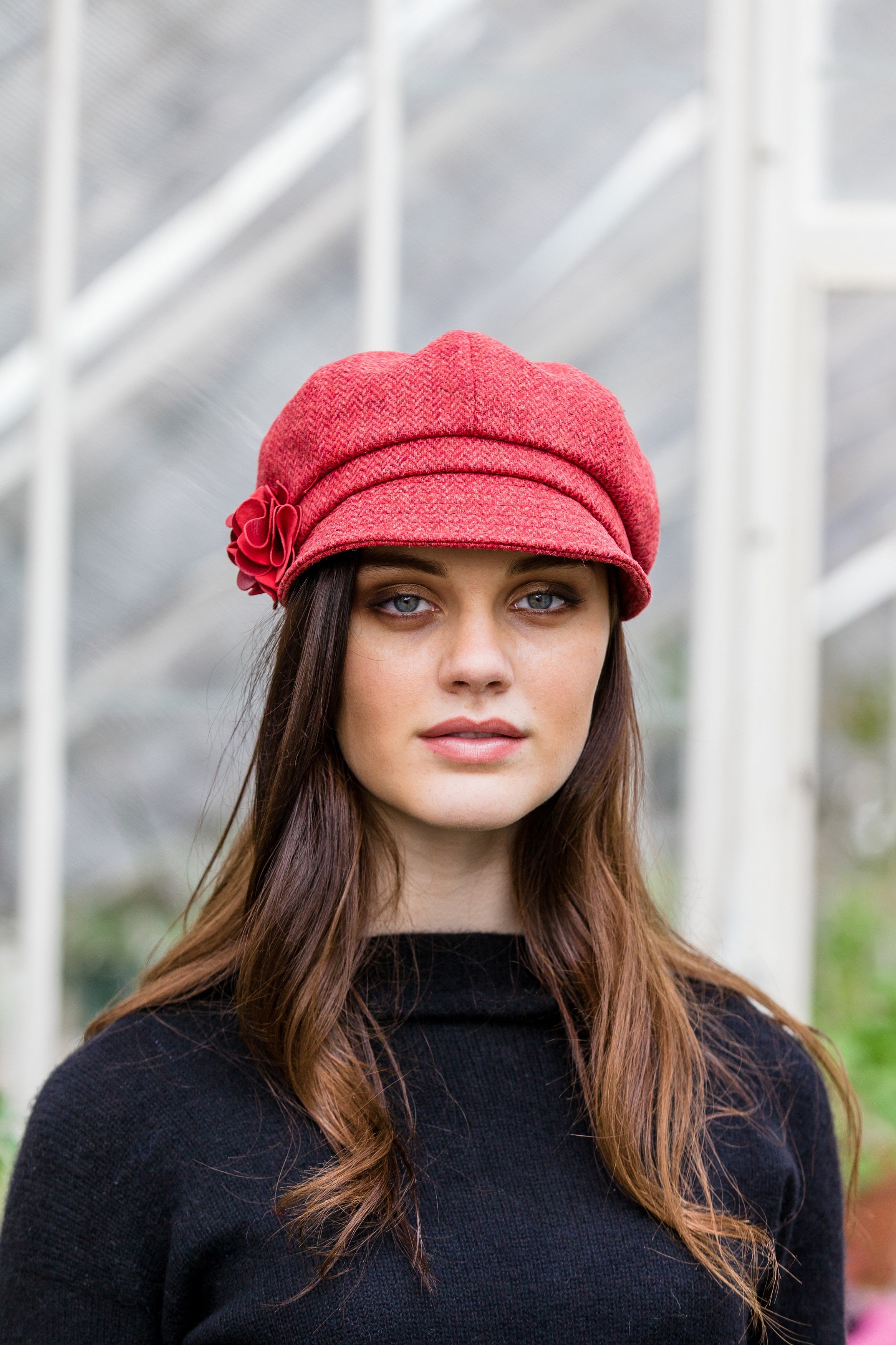 Ladies Tweed Newsboy Hat Red Made in Ireland - Main Image